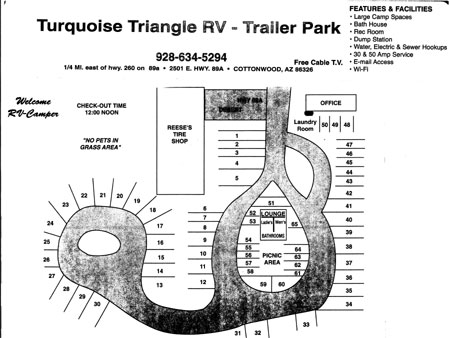 Click here for larger image. Map of the Turquoise Triangle RV Park in Cottonwood, Arizona